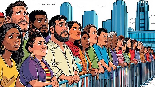 A cartoon of people queuing for a house