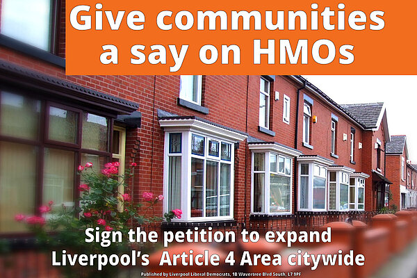 Picture of terraced houses with caption "Give communities a say on HMOs"