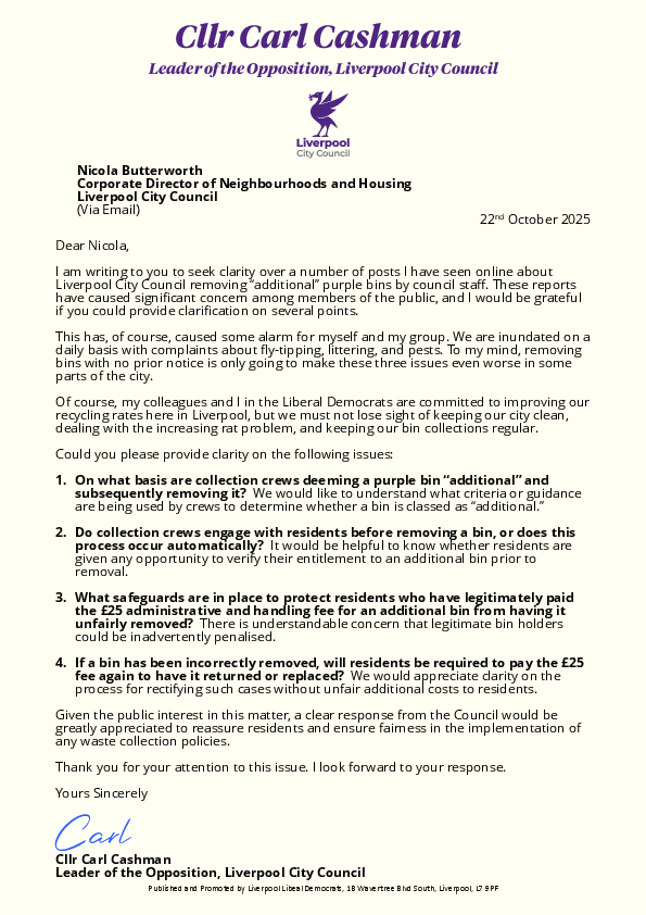 Letter from Cllr Carl Cashman over Seeking clarity on additional bins