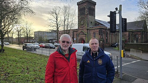 Dave Antrobus and Dave Thomas outside St Annes Church